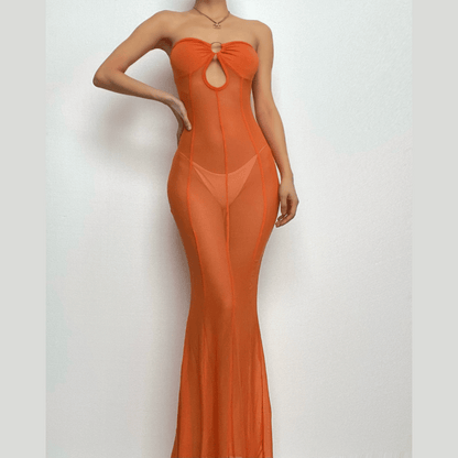 Mesh see through o ring hollow out backless tube cut out maxi dress