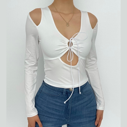Hollow out solid long sleeve drawstring ruched off shoulder crop cut out top