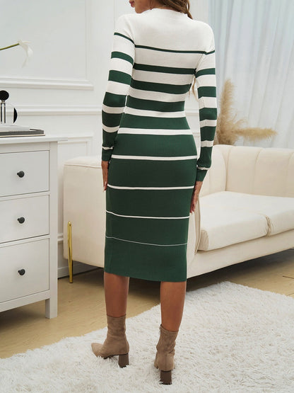 Striped Color-blocked Long-sleeved Bodycon Sweater Midi Dress