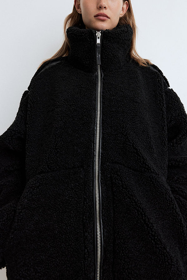 Solid Color Stitching High Collar Long Sleeve Loose Pocket Woolen Coat