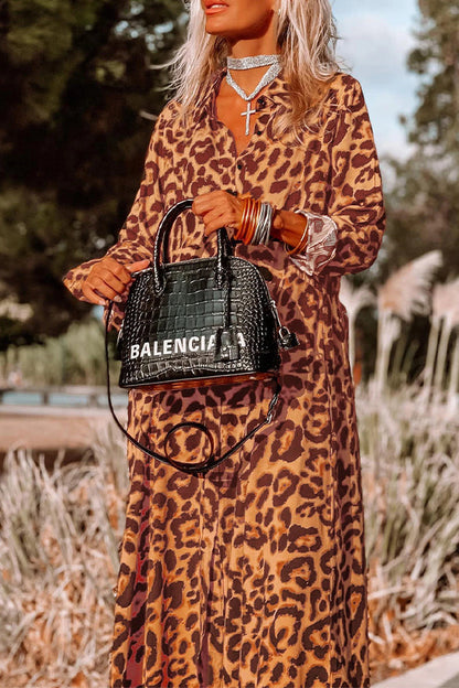 Leopard Print Button-Up Long Sleeve Maxi Dress