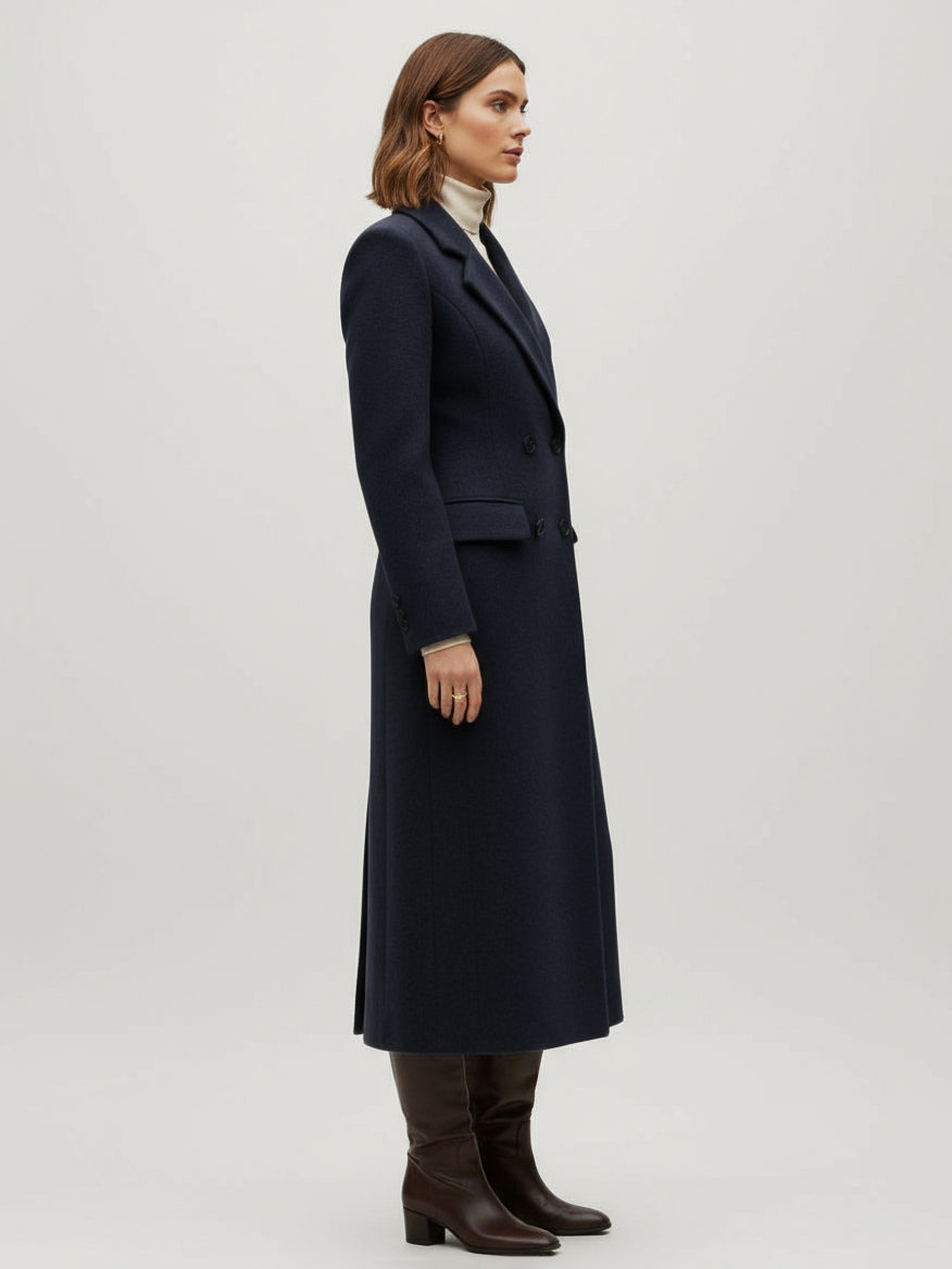Woolen Double-Breasted Long Coat With Notch Lapel And Flap Pockets For Women 2026