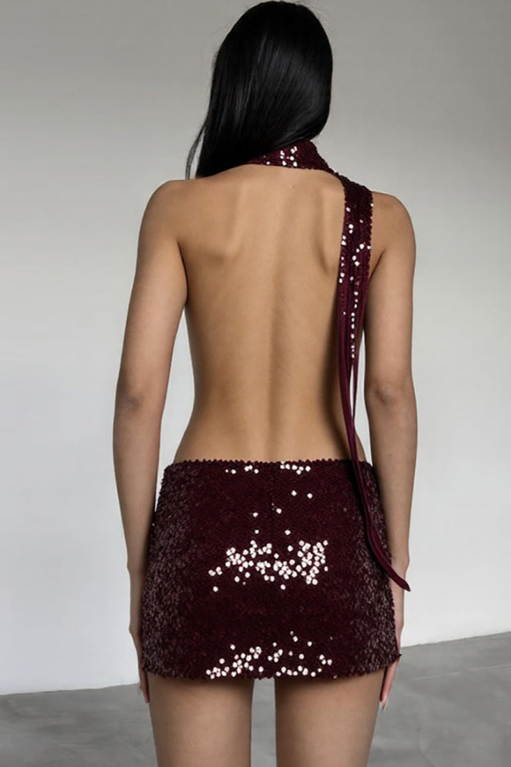 Halter Deep V Waist Cutout Knotted Sequin Choker Mini Dress