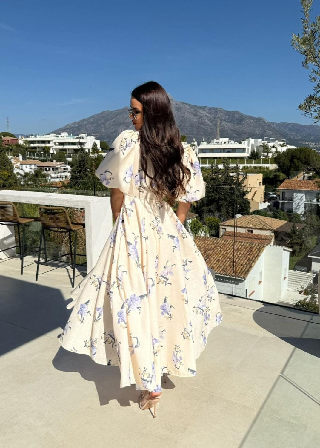 Beige Floral Puff Sleeve Maxi Dress – Elegant V-Neck A-Line Gown