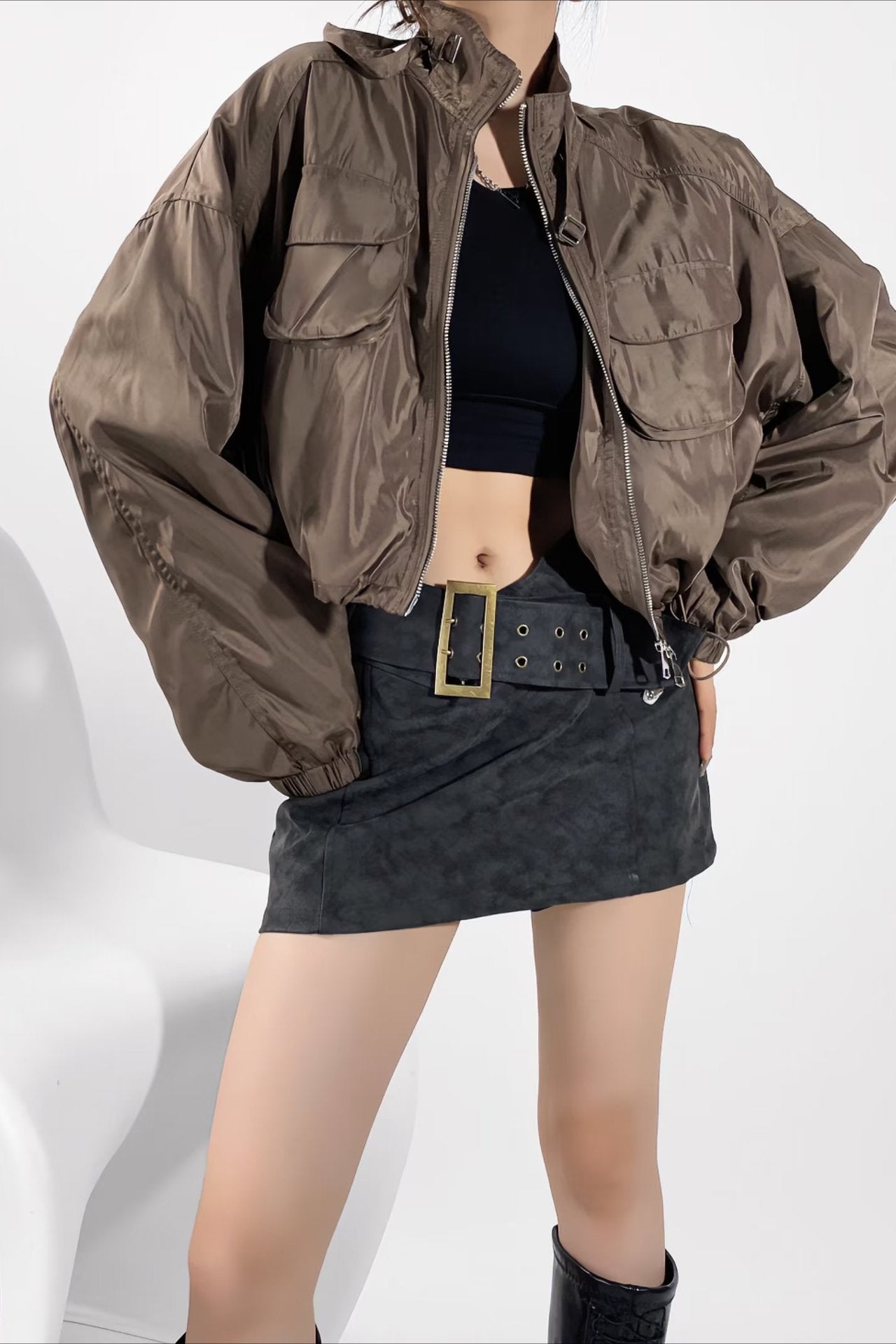 Cropped Cargo High Neck Coat