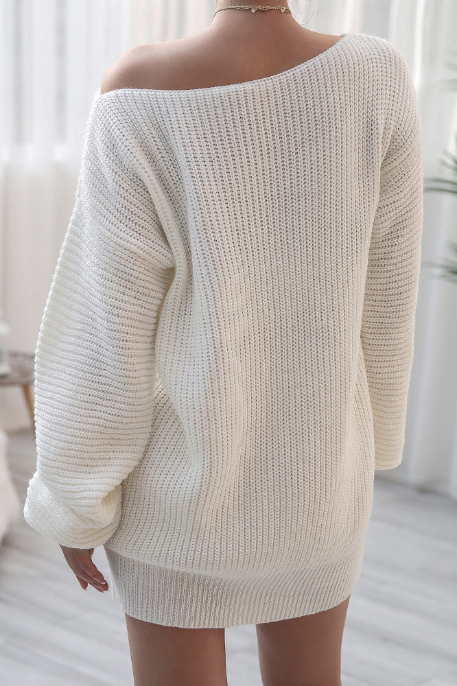 Boat Neck Off Shoulder Oversized Balloon Sleeve Ribbed Knit Mini Sweater Dress