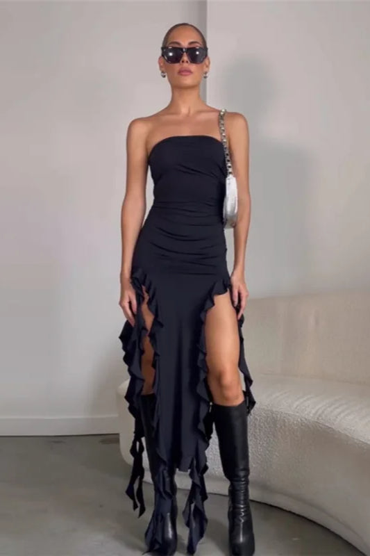Strapless Ruched Ruffle Trim High Slit Midi Dress