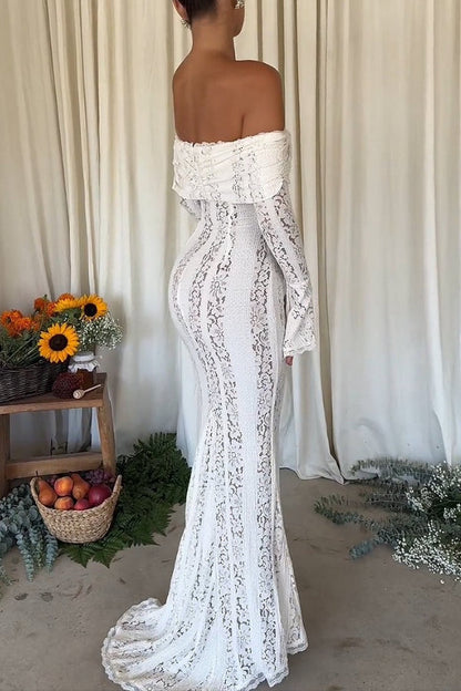 Floral Lace Off Shoulder Flare Sleeve Fishtail Maxi Dresses-White