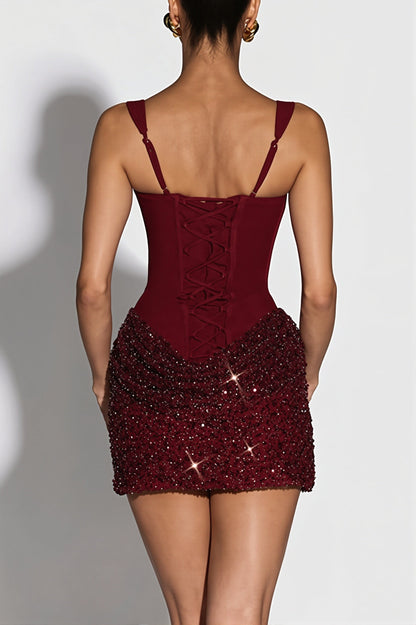 Square Neck Corset Bodice Sequin Embellished Basque Waist Mini Dress