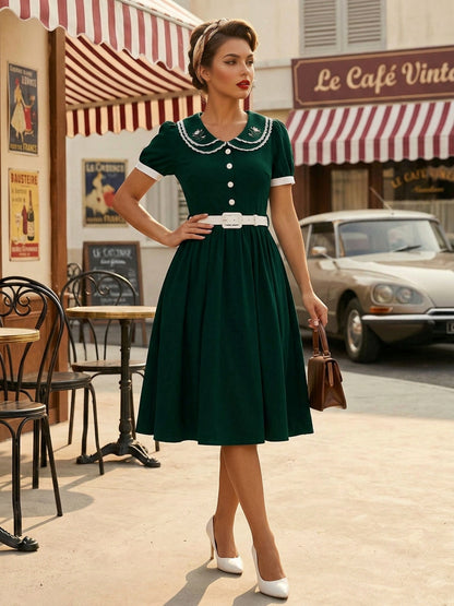 Double Layer Peter Pan Collar Embroidery Puff Sleeve Swing Dress For Women 2026