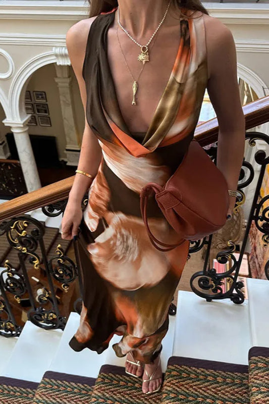 Cowl Neck Wide Strap Abstract Marble Print Satin Bodycon Maxi Dress