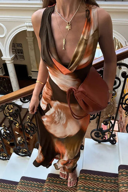 Cowl Neck Wide Strap Abstract Marble Print Satin Bodycon Maxi Dress