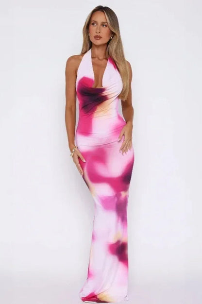 Halter Cowl Plunge Anthurium Floral Print Bodycon Maxi Dress