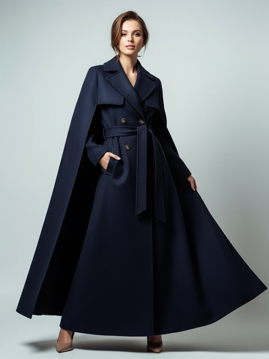 Maxi Double-breasted Woolen Coat With Detachable Cape And Belt For Women 2026