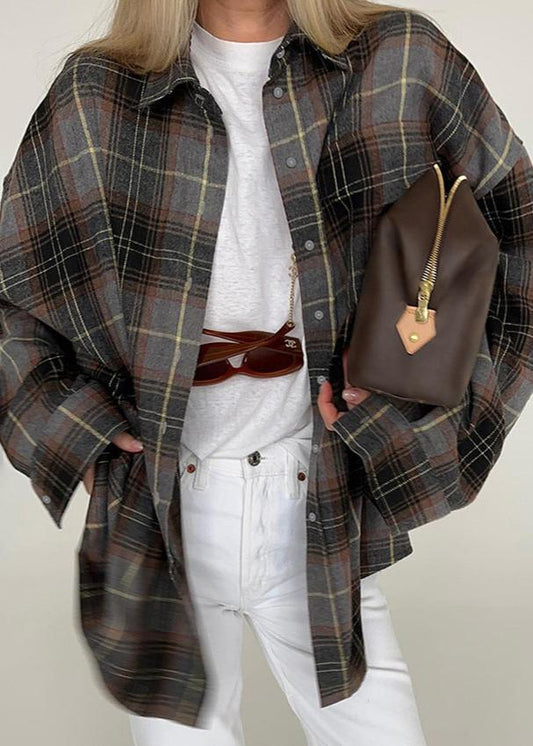 Retro Plaid Long-Sleeved Shirt - Oversized Comfort for Women