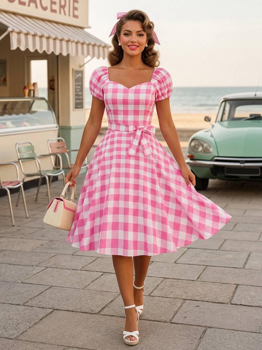 Retro Glamour Dress Sweetheart Neck Puff Sleeves Polka Dots Casual Long Dresses