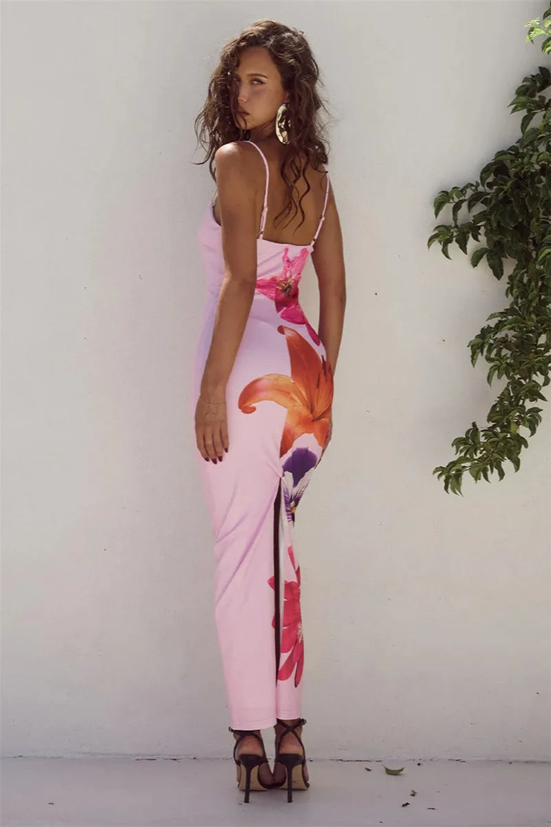 Spaghetti Strap Square Neck Oversized Lily Floral Print Bodycon Maxi Dress
