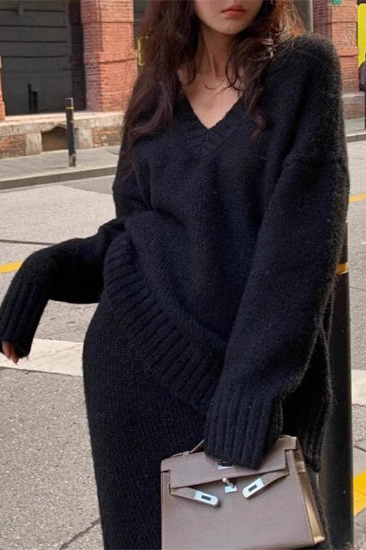 Lazy V-neck Knit Sweater Mermaid Skirt Two Piece Set