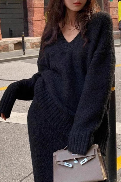 Lazy V-neck Knit Sweater Mermaid Skirt Two Piece Set