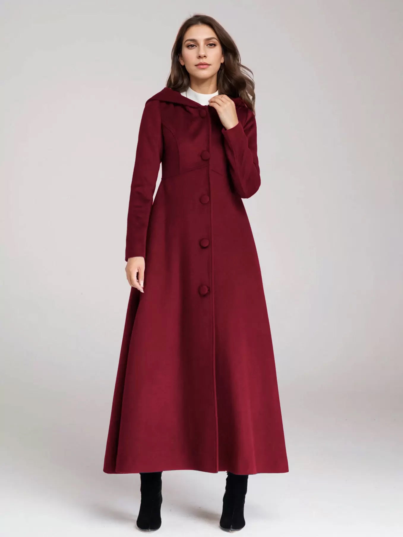 Wool Blend Coat With Hood Dark Navy A-line Flared Maxi Outerwear For Women 2026