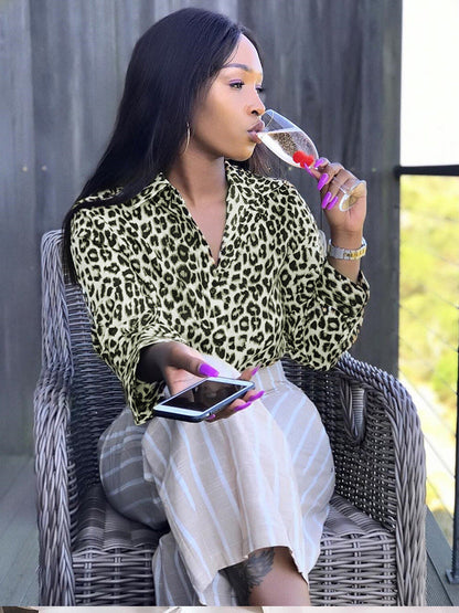 Women's Leopard Print Button-Up Blouse – Long Sleeve Stylish Top
