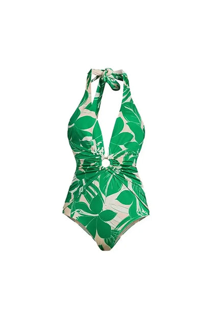 Green Halter Deep V One-Piece Swimsuit Set