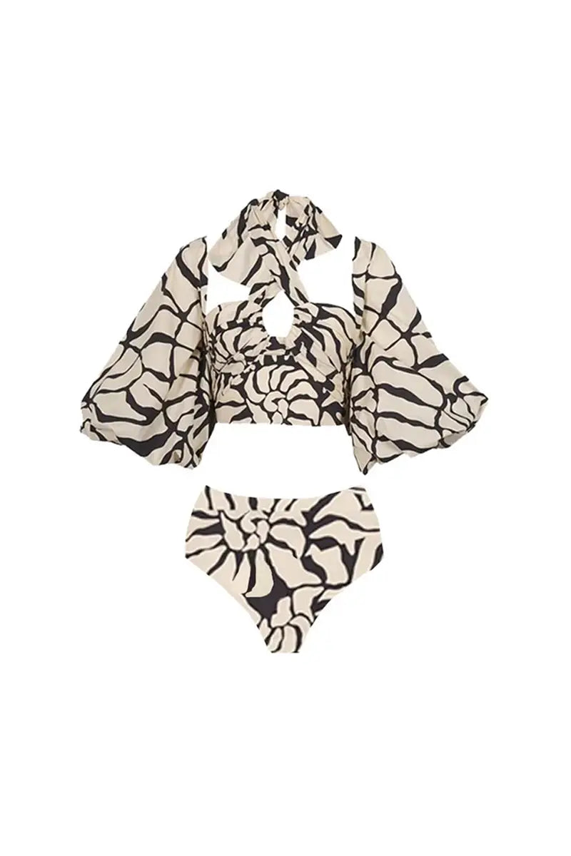 Halter Printed Swimsuit Set with Detachable Sleeves