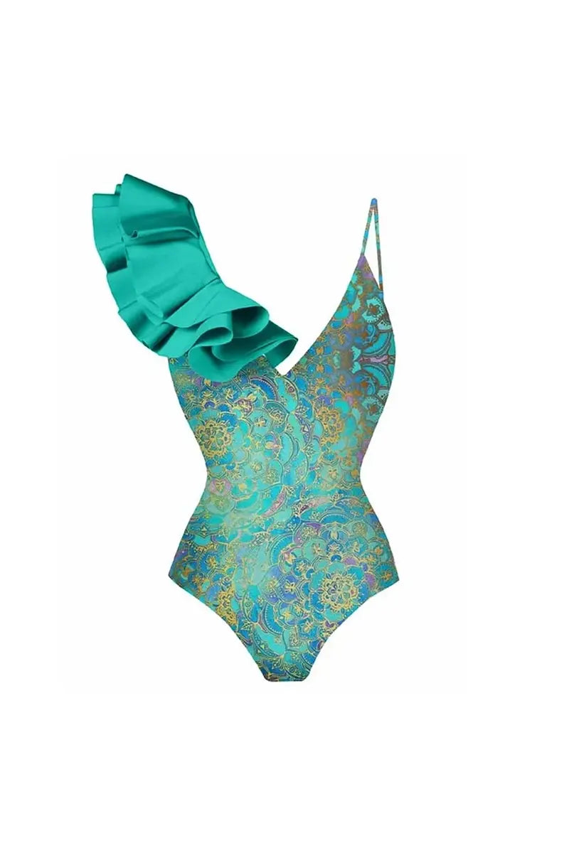 Boho Ruffle Print One Piece Swimsuit Set