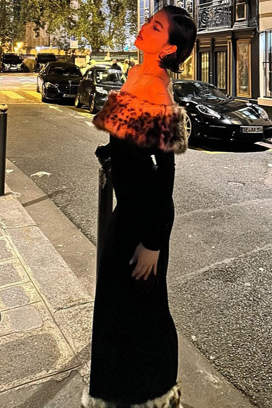 Sexy Off-shoulder Leopard Print Fur Trim Bodycon Maxi Dress