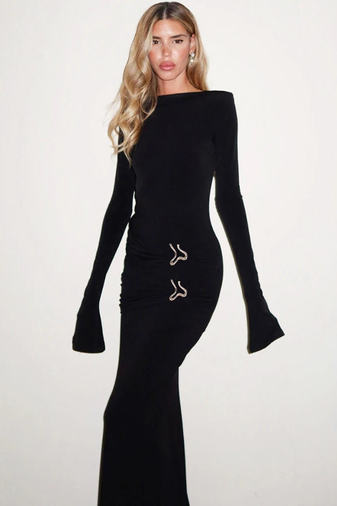 Boat Neck Flared Cuff Sculptural Metal Hardware Bodycon Maxi Dress
