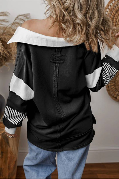 Light French Beige Striped Patchwork Collar Sweatshirt