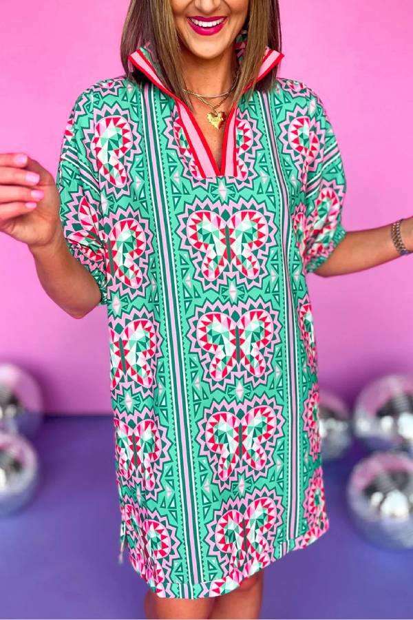 Mint Green Boho Abstract Print Split Neck Mini Dress