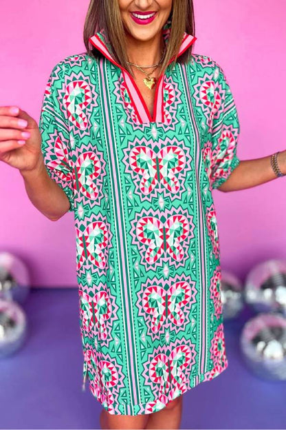 Mint Green Boho Abstract Print Split Neck Mini Dress