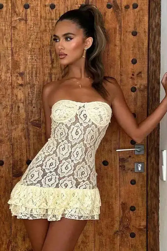 Floral Lace Strapless Corset Ruffle Trim Mini Dress