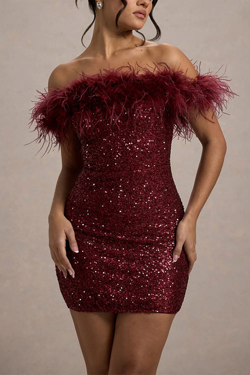 Off Shoulder Feather Trim Sequin Mini Party Dress