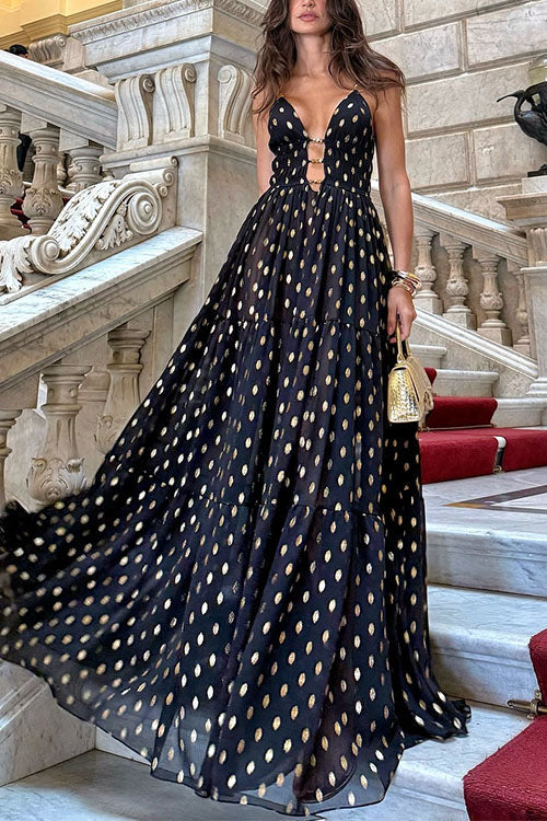 Meridress Cut Out Polka Dot Tiered Swing Maxi Cami Dress