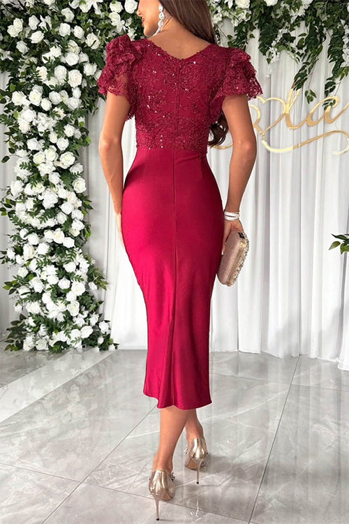 V Neck Ruffle Sleeves Slit Sequin Midi Party Dress