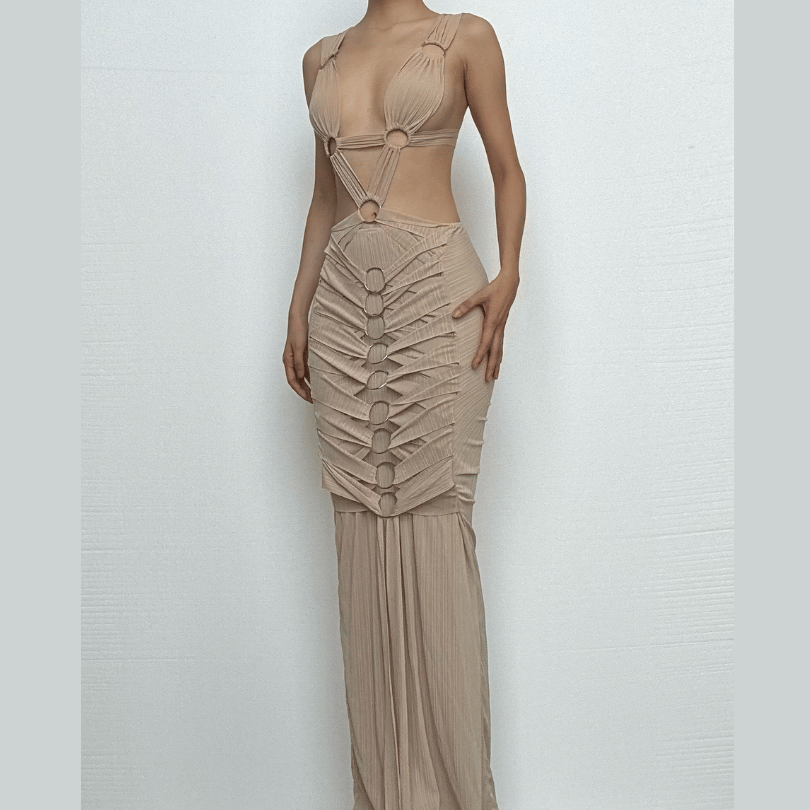 O ring textured hollow out self tie ruched tank cut out maxi dress