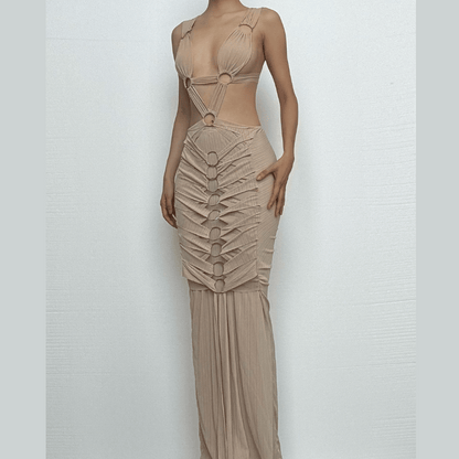 O ring textured hollow out self tie ruched tank cut out maxi dress
