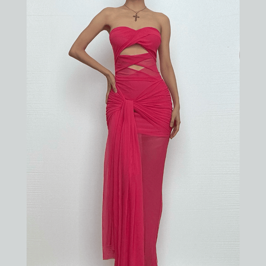 Mesh ruched hollow out see through tube cut out maxi dress-final-sale