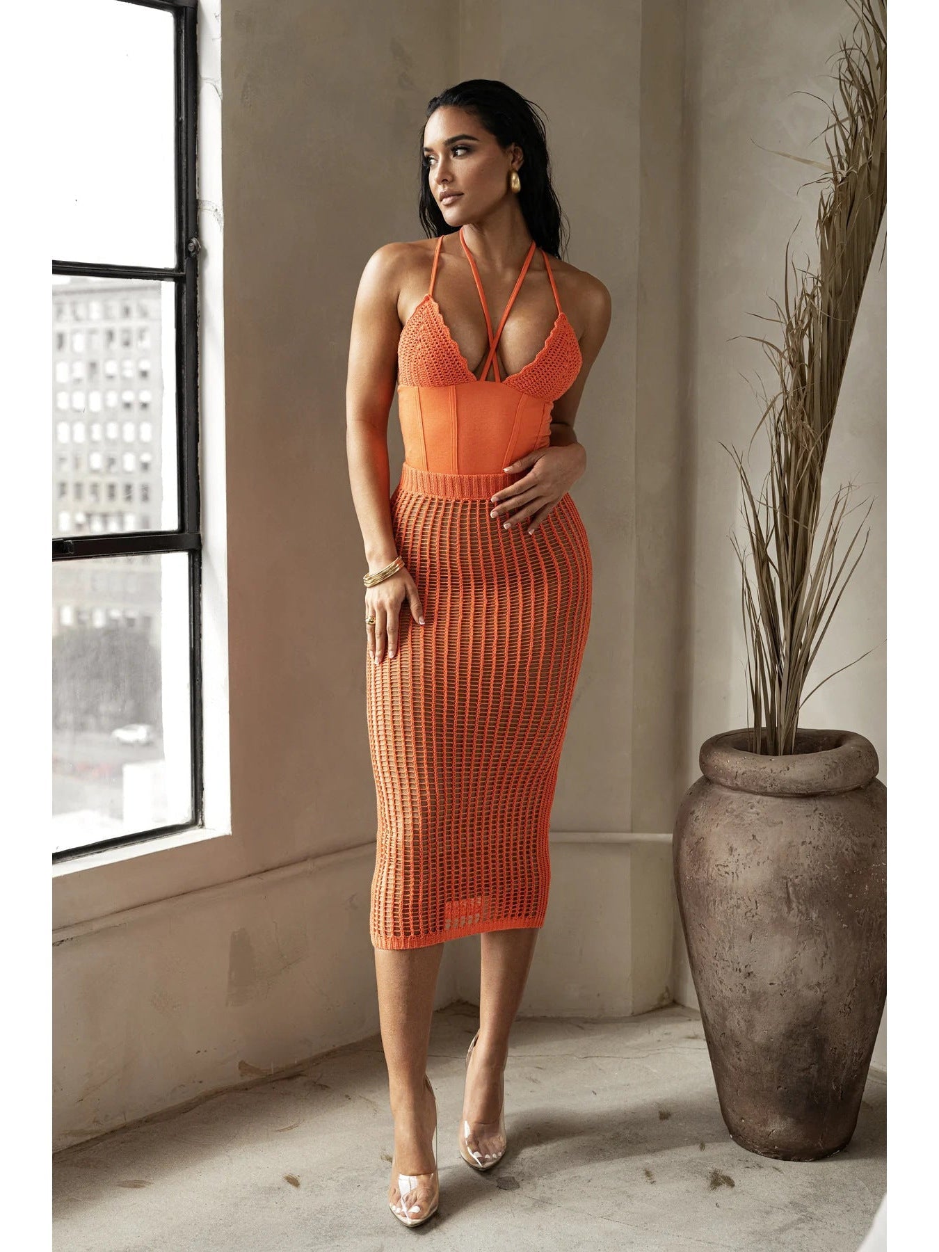 Bare Back Hollow Out Knitted Skirt Set