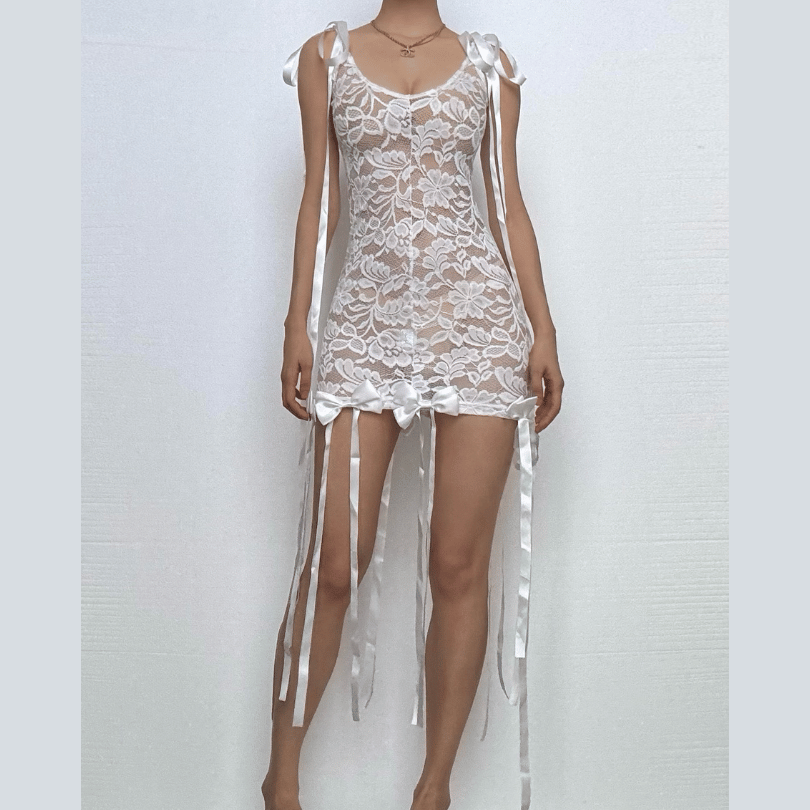 Sleeveless u neck lace bowknot knotted ribbon see through mini dress