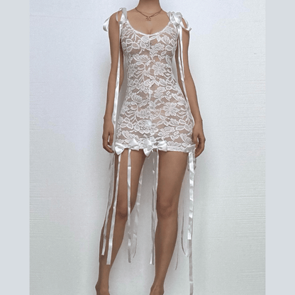 Sleeveless u neck lace bowknot knotted ribbon see through mini dress