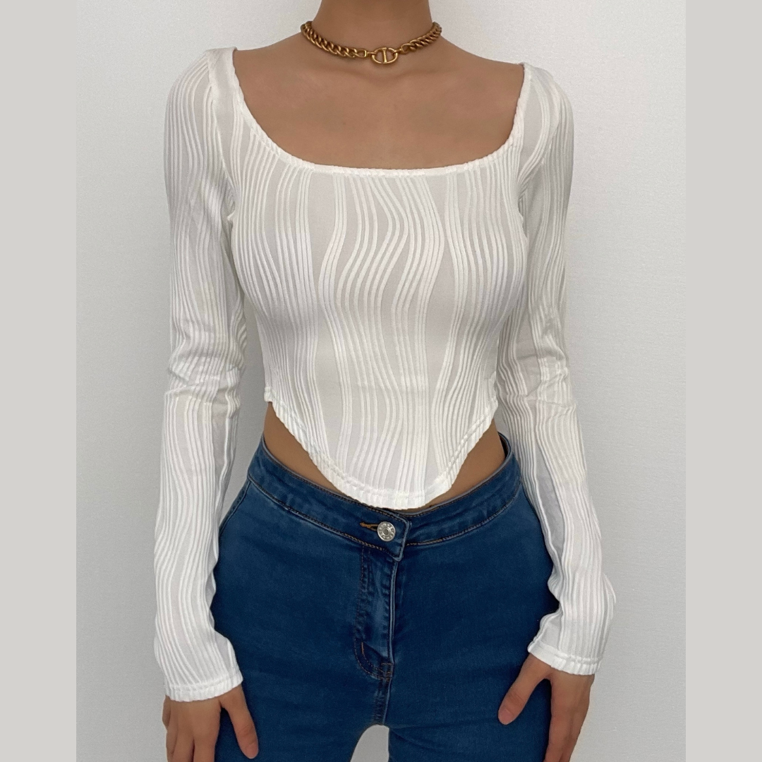 Textured u neck solid long sleeve corset crop top