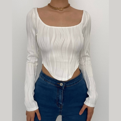Textured u neck solid long sleeve corset crop top