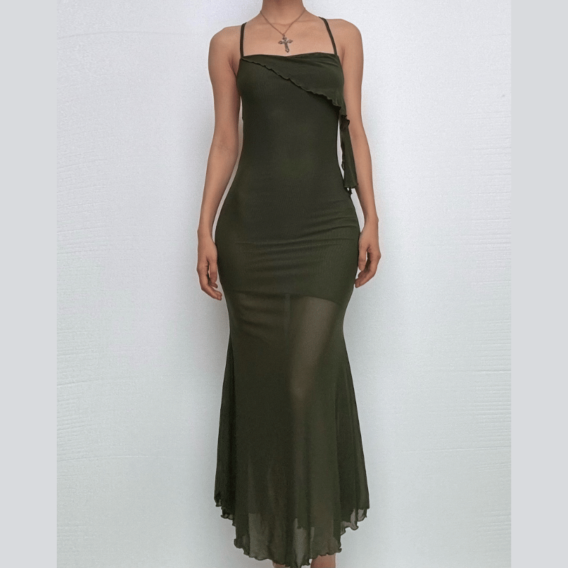 Ruffle irregular mesh cross back cami midi dress