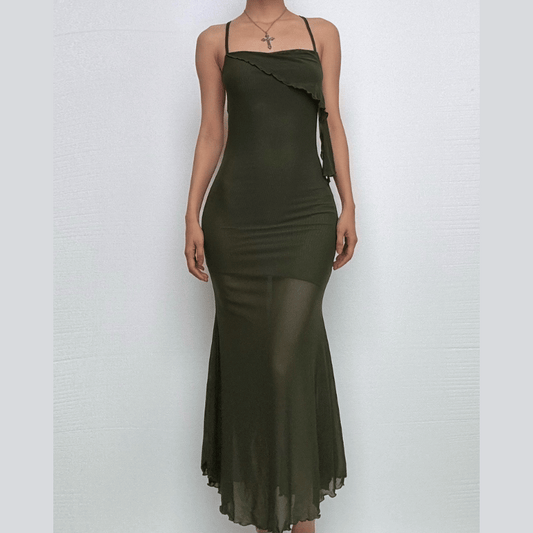 Ruffle irregular mesh cross back cami midi dress