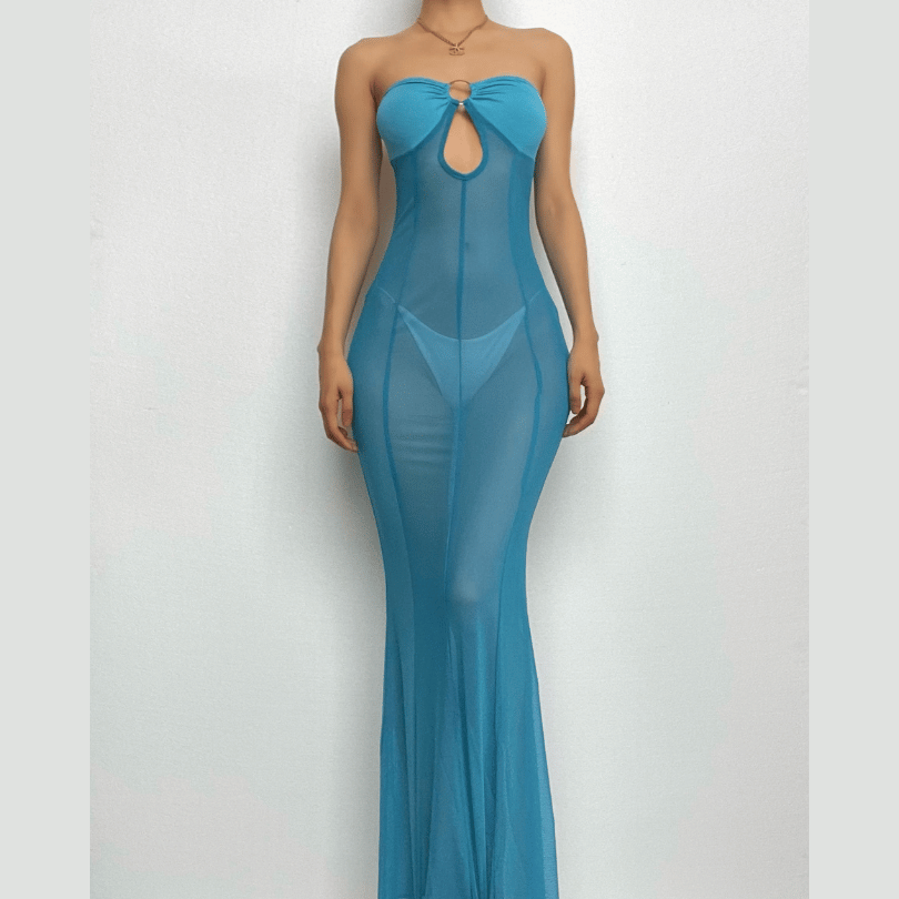 Mesh see through o ring hollow out backless tube cut out maxi dress