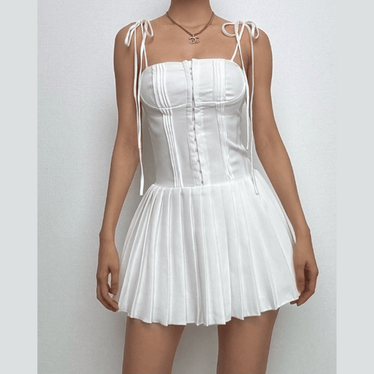 Pleated solid corset button self tie zip-up mini dress