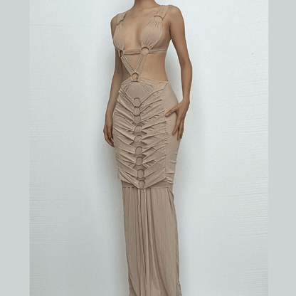 O ring textured hollow out self tie ruched tank cut out maxi dress-final-sale